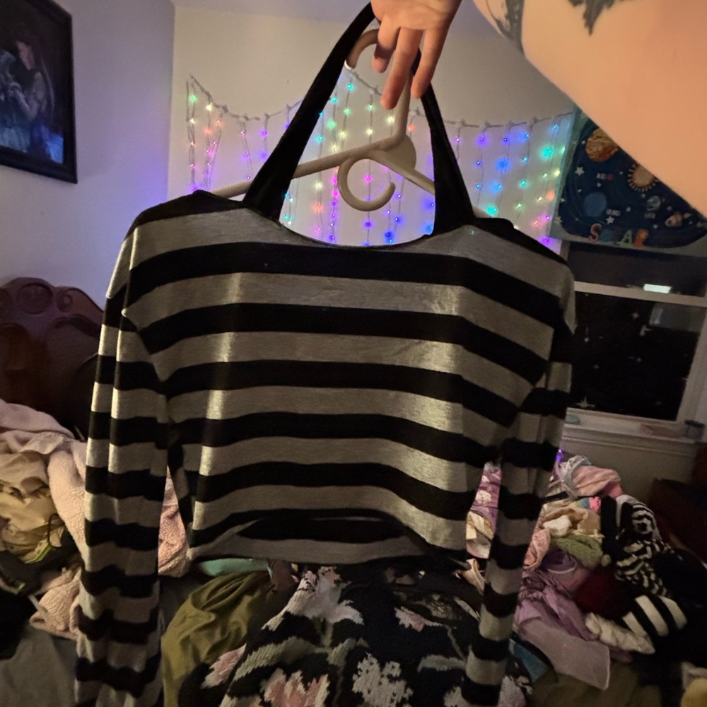 Striped Black and Gray Long Sleeve Crop Top